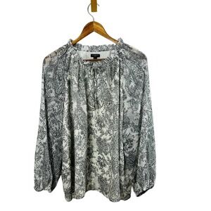Talbots Toile Print Blouse Womens Size XLP Black White Balloon Sleeves Cottage